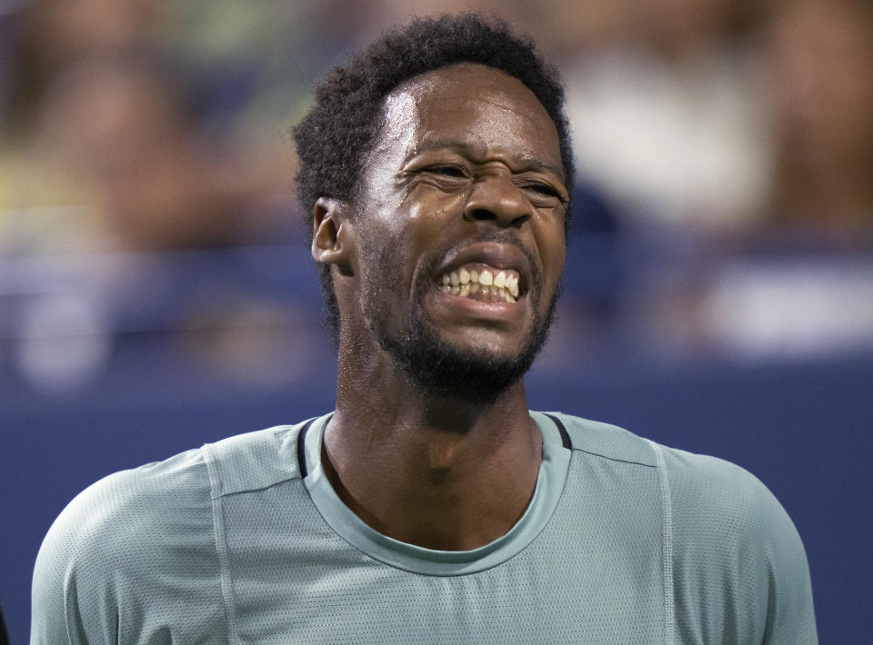 Gael Monfils, of France, reacts after a point during a match against Jannik Sinner, of Italy, during the National Bank Open men’s tennis tournament Friday, Aug. 11, 2023, in Toronto. (Frank Gunn/The Canadian Press via AP)