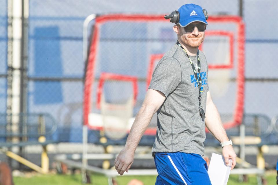Delaware Blue Hens head coach Ryan Carty is featured during the first preseason football practice at the University of Delaware football practice field in Newark, Monday, July 31, 2023.