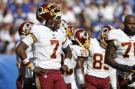 Washington Redskins quarterback Dwayne Haskins watches a play on the field during the second half of an NFL football game against the New York Giants, Sunday, Sept. 29, 2019, in East Rutherford, N.J. (AP Photo/Adam Hunger)