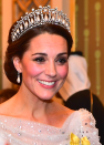 <p> For the annual Diplomatic Corps reception at Buckingham Palace in 2018, the Princess of Wales looked pretty in a pale blue gown by Jenny Packham, featuring sparkly detailing throughout. For the important event, she also added a tiara. </p>