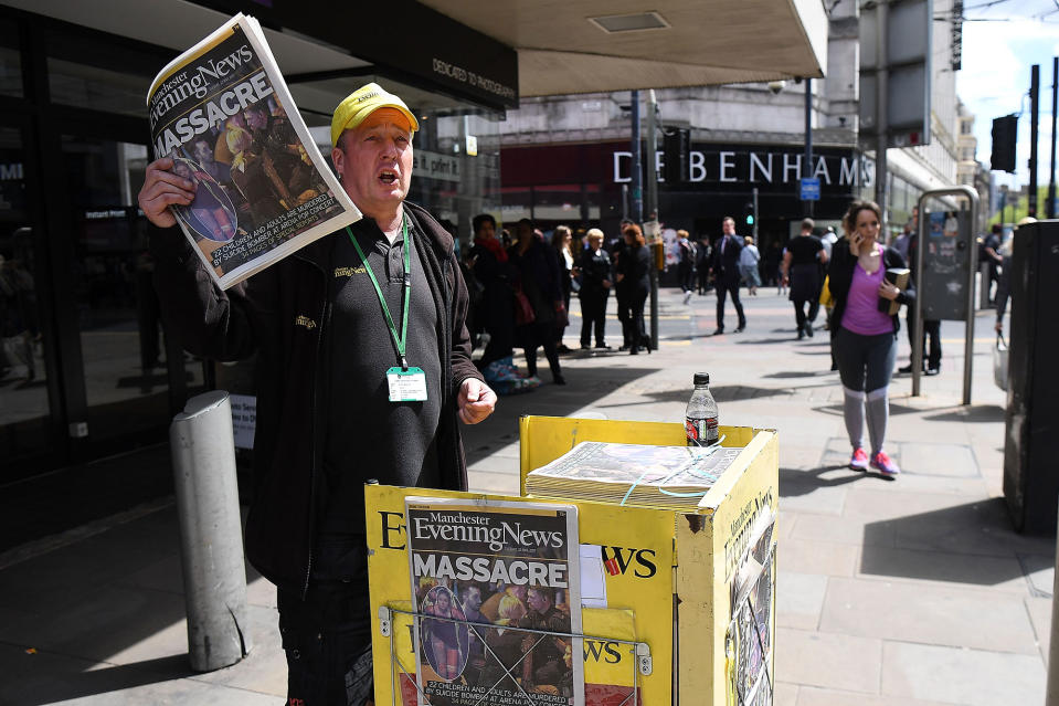 <p>A Manchester Evening News vendor sells newspapers showing headlines from the terrorist attack on May 23, 2017 in Manchester, England. (Leon Neal/Getty Images) </p>