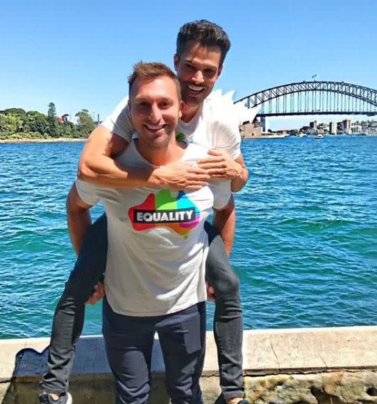 Ian Thorpe shard an emotional speech after the marriage equality result. Pictured with partner Ryan Channing. Source: Instagram