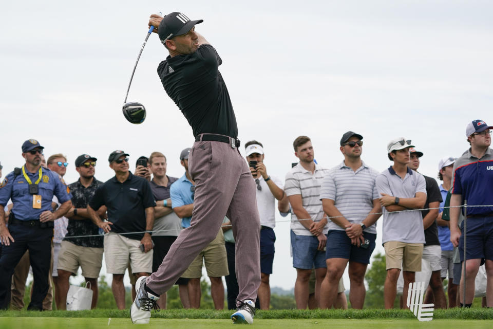 Sergio Garcia hits off the ninth tee during the first round of the Bedminster Invitational LIV Golf tournament in Bedminster, N.J., Friday, July 29, 2022. (AP Photo/Seth Wenig)