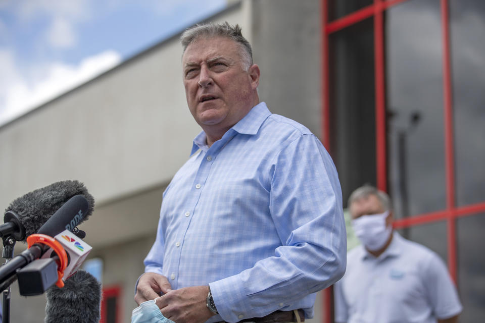 Georgia Insurance and Safety Fire Commissioner John King makes a statement and answers questions from the media following a tour of Fieldale Farms while visiting Gainesville, Ga., Friday, May 15, 2020. (Alyssa Pointer/Atlanta Journal-Constitution via AP)