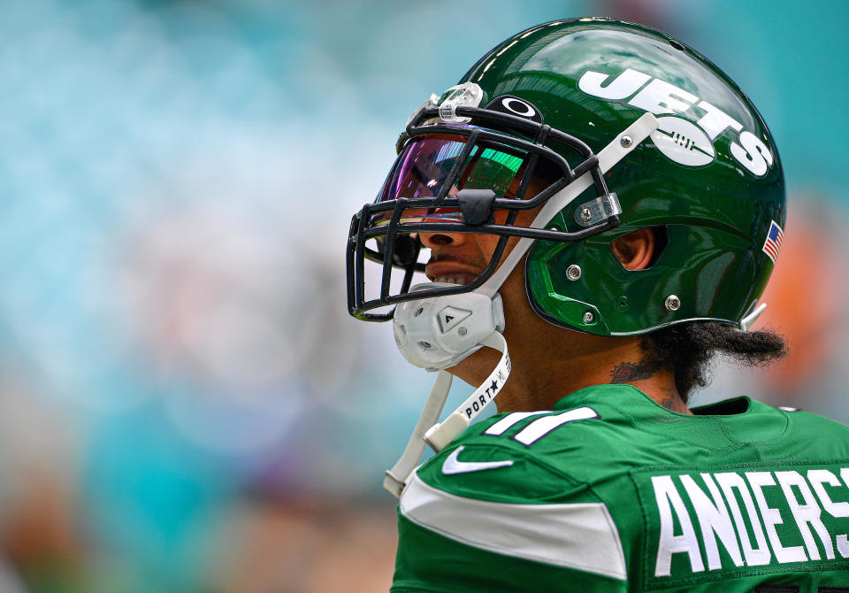 MIAMI, FLORIDA - NOVEMBER 03: Robby Anderson #11 of the New York Jets looks on during warms up prior to the game against the Miami Dolphins at Hard Rock Stadium on November 03, 2019 in Miami, Florida. (Photo by Mark Brown/Getty Images)