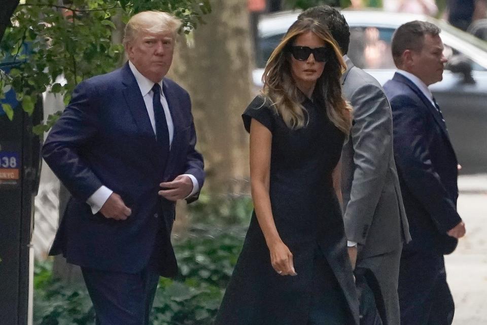 Former President Donald Trump, left, arrives with Melania Trump for the funeral of Ivana Trump, Wednesday, July 20, 2022, in New York. Ivana Trump, an icon of 1980s style, wealth and excess and a businesswoman who helped her husband build an empire that launched him to the presidency, is set to be celebrated at a funeral Mass at St. Vincent Ferrer Roman Catholic Church following her death last week.