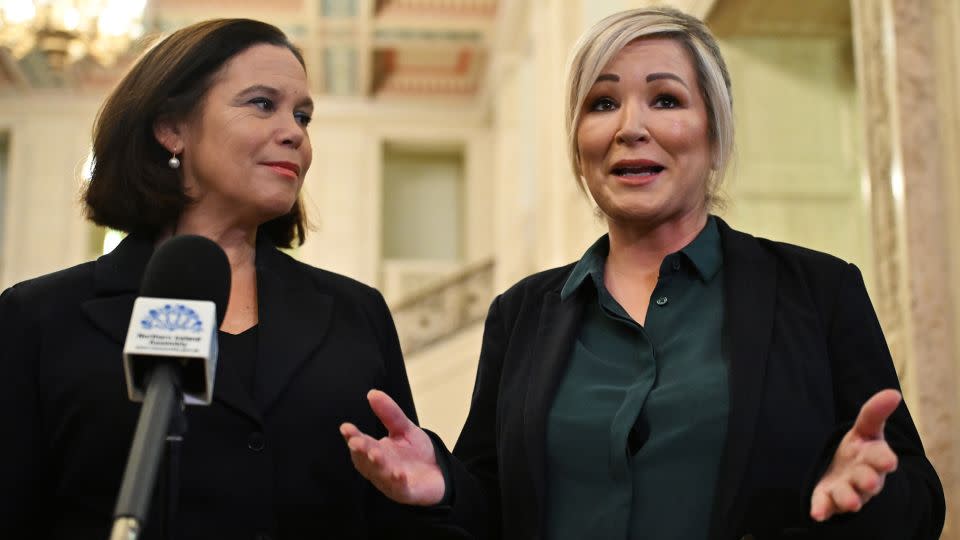 Sinn Fein's Mary Lou McDonald (left) and Michelle O'Neill (right) talk to the press on Tuesday. - Charles McQuillan/Getty Images