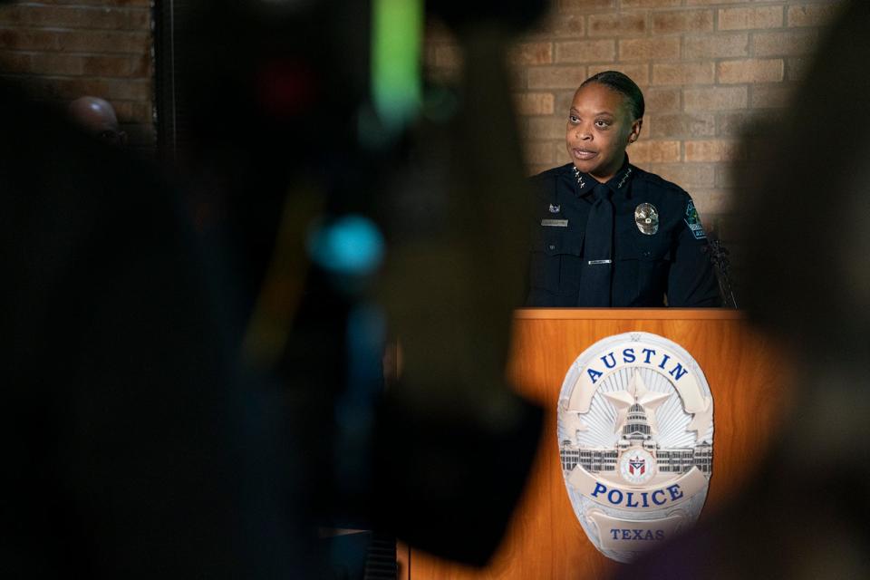 Interim Austin Police Chief Robin Henderson speaks at a news conference Tuesday. Henderson said the Austin Police Department has met with Travis County Sheriff Sally Hernandez and Austin school district Police Chief Wayne Sneed to begin collaborating on how messaging is coordinated and released during incidents like the Dec. 5 shootings.