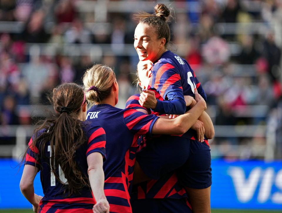 United States forward Mallory Pugh (9) celebrates her goal against Uzbekistan during the 1st half of their game at Lower.com Field in Columbus, Ohio on April 9, 2022. 