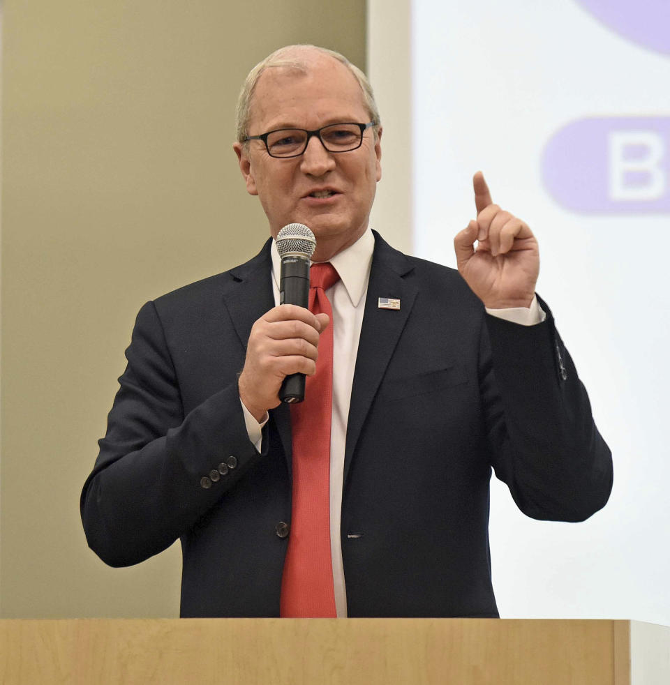 Republican U.S. Rep. Kevin Cramer makes a point in the U.S. Senate Candidate Debate with North Dakota Democratic U.S. Sen. Heidi Heitkamp on Thursday night, Oct. 18, 2018, in Bismarck, N.D. The debate was sponsored by the North Dakota Newspaper Association. (Tom Stromme/The Bismarck Tribune via AP)