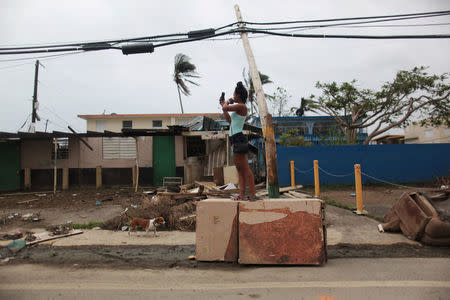 A woman stands on an overturned refrigerator while trying to get a mobile phone signal in Toa Baja. REUTERS/Alvin Baez