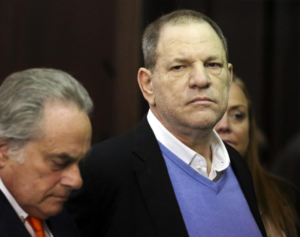 Harvey Weinstein, right, appears at his arraignment with lawyer Benjamin Brafman in Manhattan Criminal Court on May 25. (Jefferson Siegel/New York Daily News via AP, Pool)