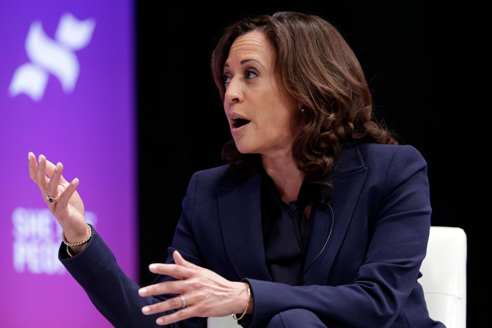 Democratic presidential candidate Sen. Kamala Harris, D-Calif., speaks during a presidential forum held by She The People on the Texas State University campus Wednesday, April 24, 2019, in Houston. (AP Photo/Michael Wyke)