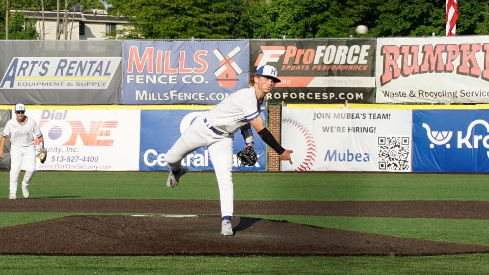 Highlands senior Jack Hendrix throws a pitch against Conner in the Ninth Region semifinals at Thomas More Stadium on May 22, 2023.