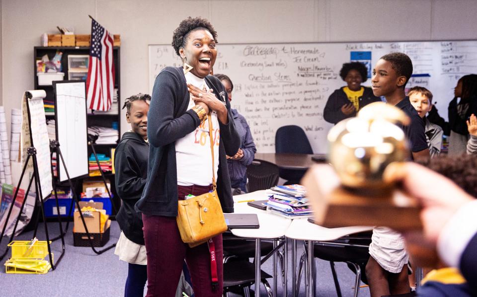 Tamara Hunter, a peer collaborative teacher at Franklin Park Elementary School in Fort Myers, was awarded the Golden Apple on Thursday, March 16, 2023.