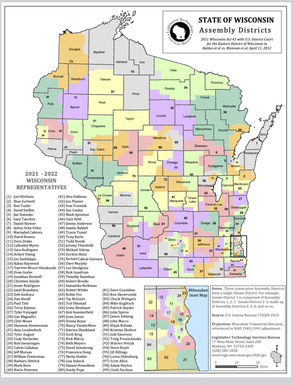 This image provided by the State of Wisconsin shows the Wisconsin state district maps. The liberal-controlled Wisconsin Supreme Court is scheduled to hear arguments Tuesday, Nov. 21, 2023 in a redistricting case that Democrats hope will result in new, more favorable legislative maps for elections in 2024 that will help them chip away at the large Republican majority. The case is being closely watched in battleground Wisconsin, a state where four of the past six presidential elections have been decided by fewer than 23,000 votes. (State of Wisconsin via AP)