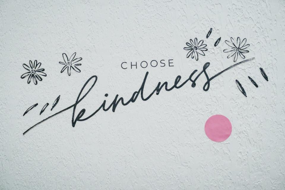 A slogan of choose kindness can be seen upon entry into the adaptive movement center for people with special needs, Lacey PAC.