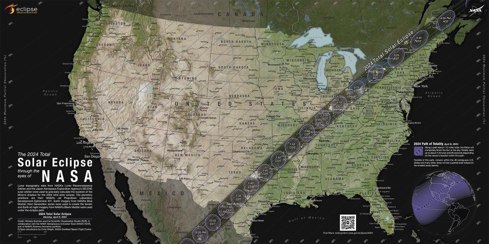 According to NASA, this map "illustrates the paths of the Moon’s shadow across the U.S. during the 2024 total solar eclipse. On April 8, 2024, a total solar eclipse will cross North and Central America creating a path of totality."