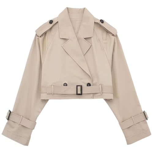 Gihuo Women's Cropped Trench Coat Double Breasted Lightweight Short Jackets Casual Long Sleeve Belted Crop Coat(Beige-S)
