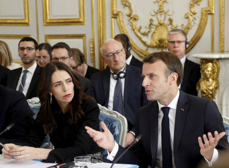 French President Emmanuel Macron and New Zealand's Prime Minister Jacinda Ardern attend a meeting at the Elysee Palace, Wednesday, May 15, 2019 in Paris. Several world leaders and tech bosses are meeting in Paris to find ways to stop acts of violent extremism from being shown online. (Charles Platiau/Pool via AP)