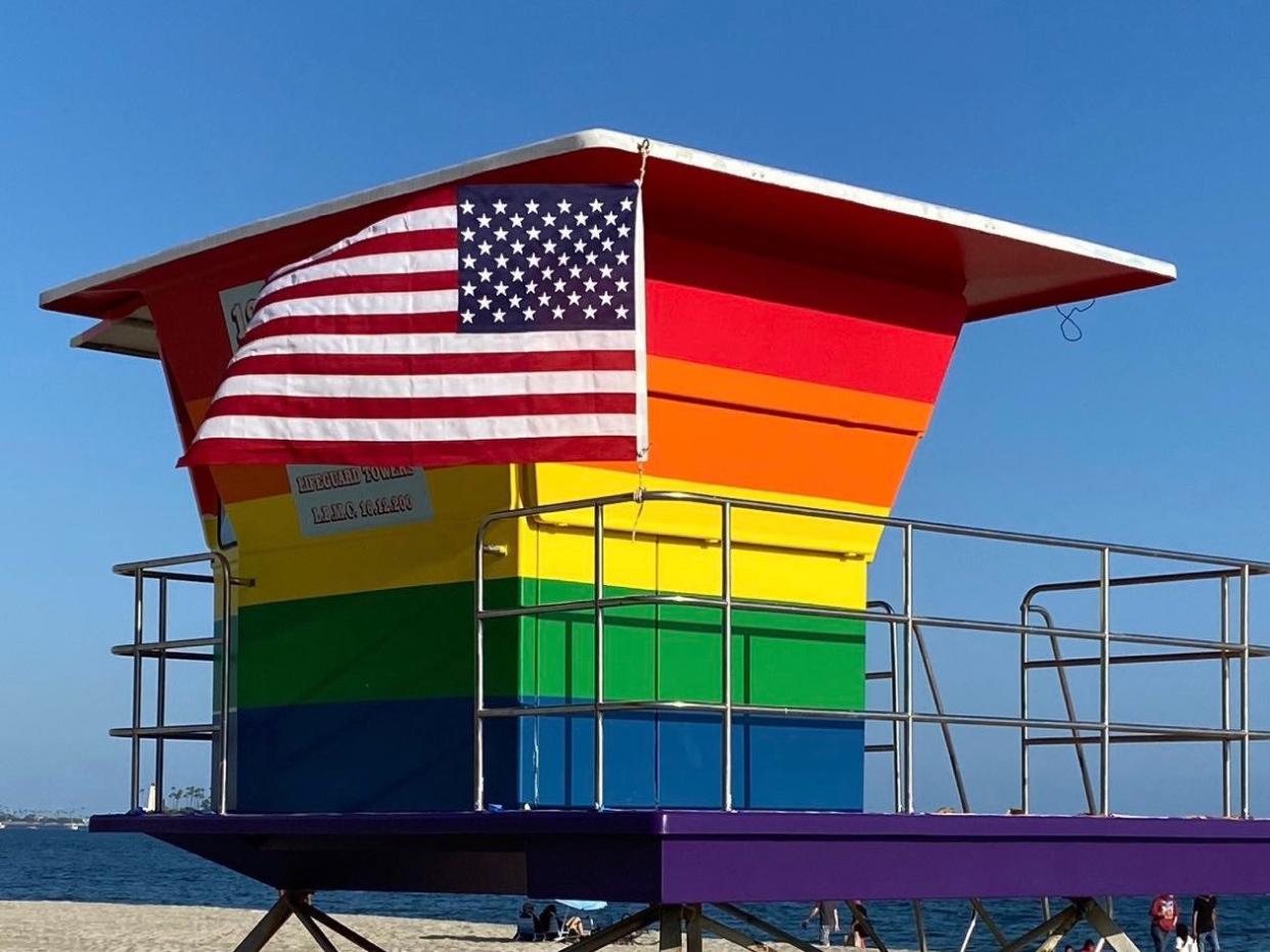 <p>A picture of the LGBT+ lifeguard tower shared by Long Beach mayor Robert Garcia</p> (Robert Garcia/Twitter)