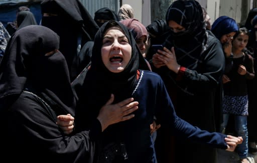 Sawsan Abu Tair mourns her brother Raed who was killed by Israeli fire during one of Friday's protests at the Gaza-Israel border