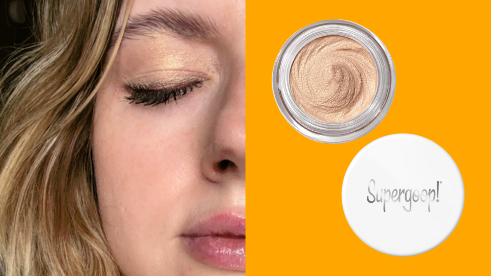 author wearing the gold eyeshadow and a tub of the gold Supergoop eyeshadow on an orange background