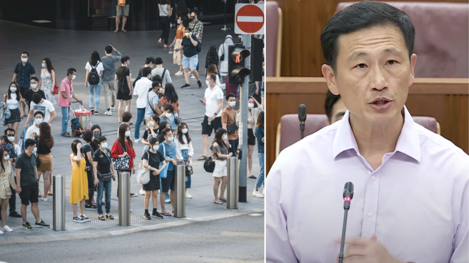 Crowd wearing mask on street during Covid-19 pandemic (left) and Minister Ong Ye Kung (Photos: Getty Images and MCI/Youtube)