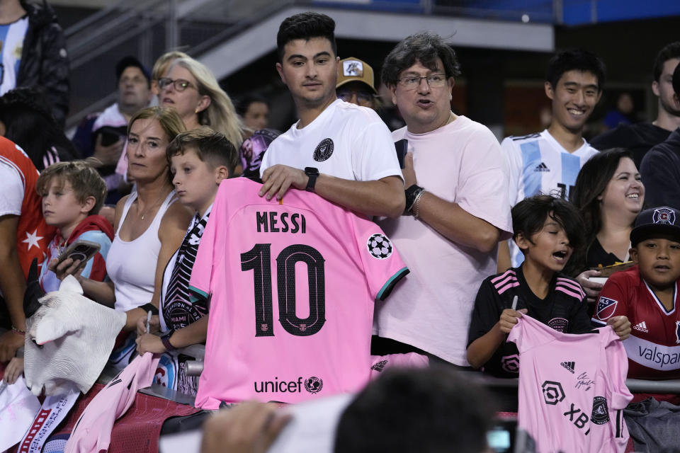 FILE - Fans wait, hoping to get an autograph from Inter Miami forward Lionel Messi before the team's MLS soccer match against the Chicago Fire in Chicago, Wednesday, Oct. 4, 2023. Messi was not in Chicago for the match. (AP Photo/Nam Y. Huh, File)