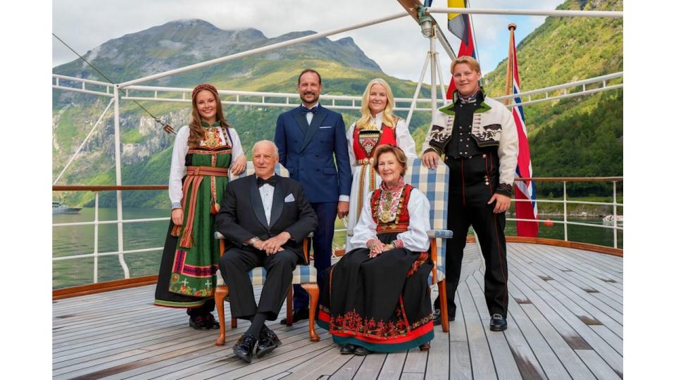 Norway's King Harald, Queen Sonja, Crown Prince Haakon, Crown Princess Mette-Marit, Princess Ingrid Alexandra, Prince Sverre Magnus pose for a group photo aboard the Royal Yacht ahead of the wedding