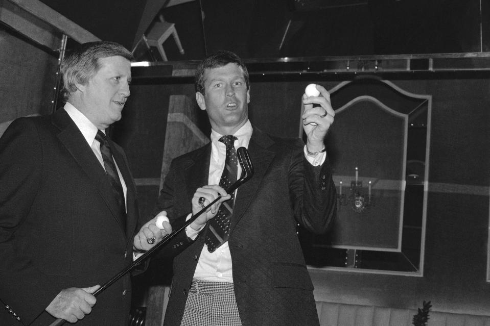 George Steinbrenner, left, owner of the New York Yankees and Yankees pitcher Tommy John are shown at the Stork Club in New York, Tuesday, June 5, 1979, where they helped to kick off the 15th annual All-American collegiate golf foundation dinner.