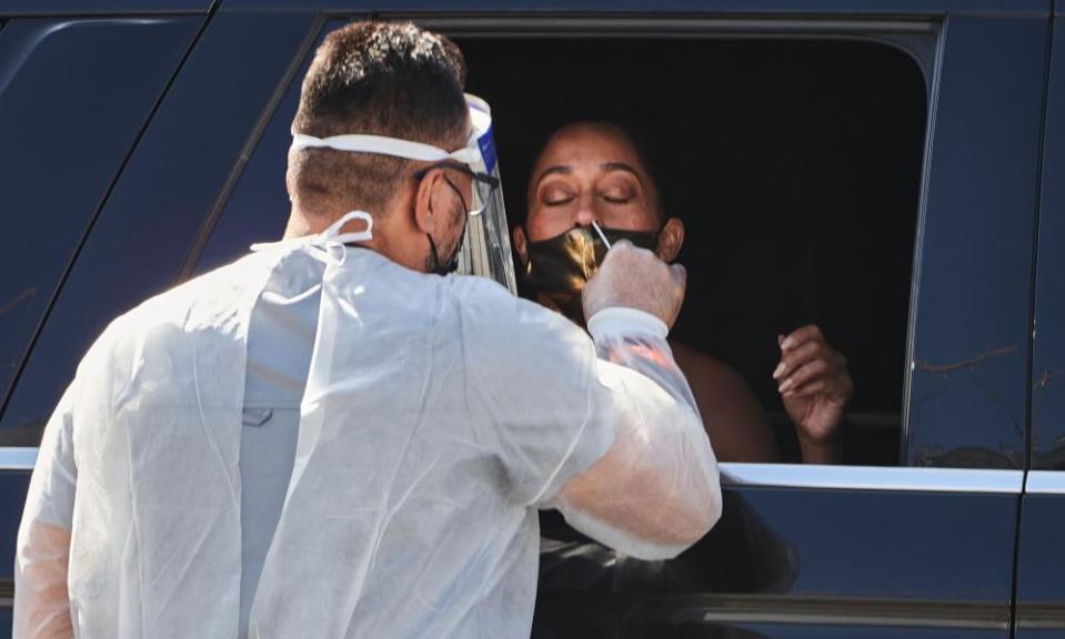 Tracee Ellis Ross gets a Covid test before entering the Emmy Awards ceremony at the Staples Center in LA.