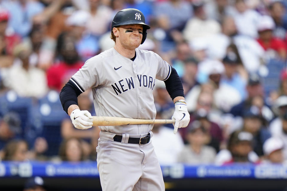 New York Yankees' Clint Frazier reacts after striking out against Philadelphia Phillies pitcher Aaron Nola during the eighth inning of a baseball game, Sunday, June 13, 2021, in Philadelphia. (AP Photo/Matt Slocum)