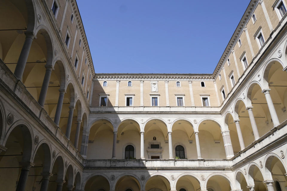 A general view of the main yard of the Palazzo della Cancelleria a renaissance building in the center of Rome that holds the Vatican supreme court, Tuesday, Sept. 12, 2023. (AP Photo/Gregorio Borgia)