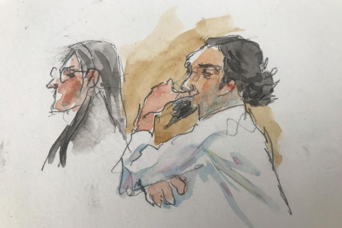 In this courtroom sketch, Ruslan Maratovich Asainov, right, appears in federal court, Tuesday, Feb. 7, 2023, in New York. Asainov, a former New York stock broker, was convicted Tuesday of becoming a sniper and trainer for the extremist Islamic State group in Syria and Iraq. (Aggie Whelan Kenny via AP)