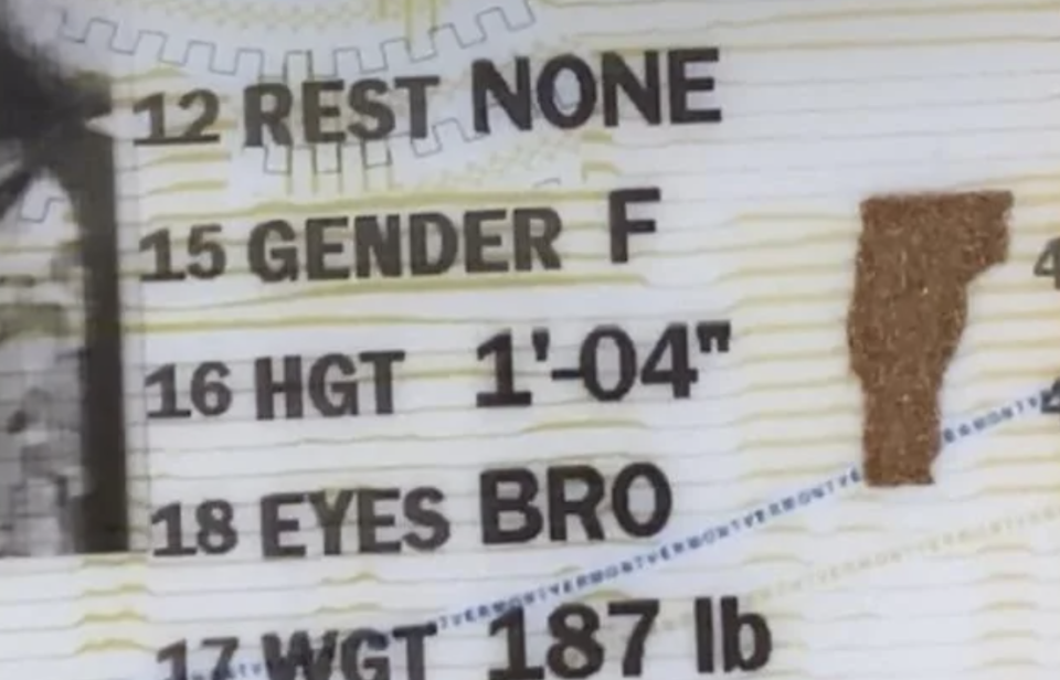 Close-up of a document with personal details, including gender marked as 'F', height '1-04', and eye color 'BRO'