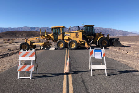 Construction vehicles block the entrance to Harmony Borax Works, a Death Valley National Park historical site, which is closed during the partial U.S. government shutdown, in Death Valley, California, U.S., January 10, 2019. REUTERS/Jane Ross