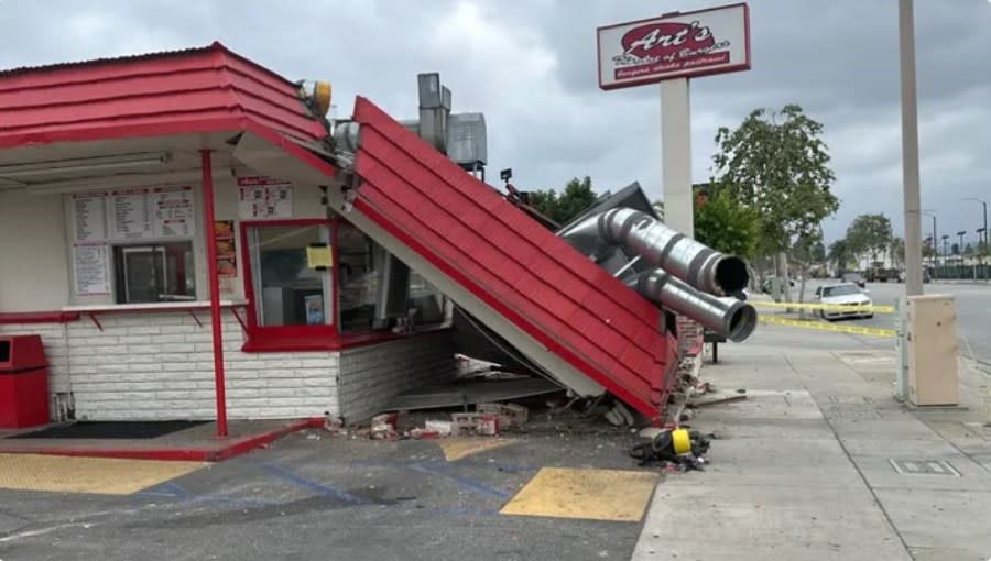 The major destruction caused after a DUI driver crashed into a police car, sending it crashing in Art's Burgers in El Monte on April 11, 2024. (GoFundMe)