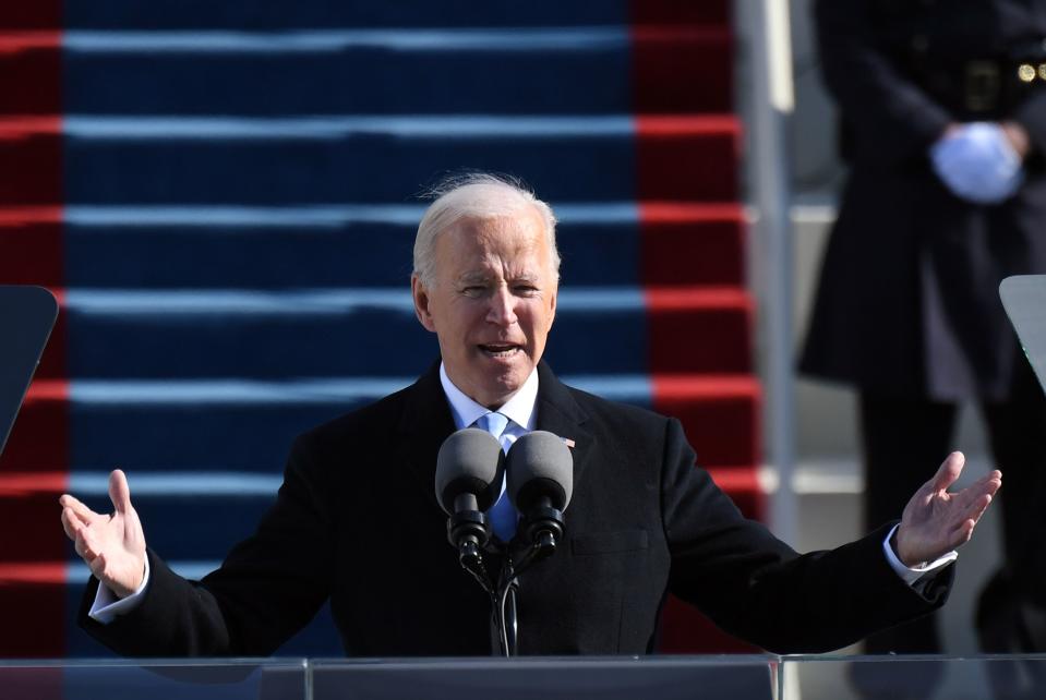 TOPSHOT - US President Joe Biden delivers his inauguration speech on January 20, 2021, at the US Capitol in Washington, DC. - Biden was sworn in as the 46th president of the US. (Photo by ANDREW CABALLERO-REYNOLDS / AFP) (Photo by ANDREW CABALLERO-REYNOLDS/AFP via Getty Images)