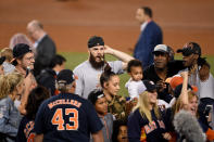 <p>Dallas Keuchel #60 of the Houston Astros celebrates after defeating the Los Angeles Dodgers 5-1 in game seven to win the 2017 World Series at Dodger Stadium on November 1, 2017 in Los Angeles, California. (Photo by Kevork Djansezian/Getty Images) </p>