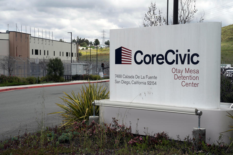 Signage is seen outside the Otay Mesa Detention Center, a ICE (Immigrations & Customs Enforcement) federal detention center privately owned and operated by prison contractor CoreCivic, amid the coronavirus disease (COVID-19) outbreak in San Diego, California, U.S., April 11, 2020. REUTERS/Bing Guan