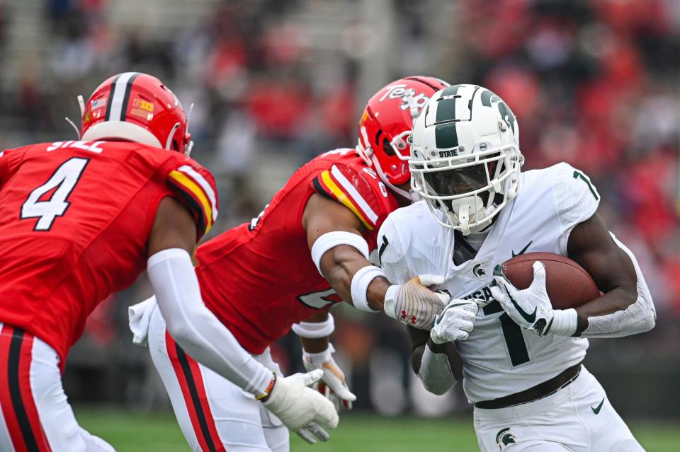 Michigan State wide receiver Jayden Reed runs after the catch during the first half of MSU's 27-13 loss on Saturday, Oct. 1, 2022, in College Park, Maryland.