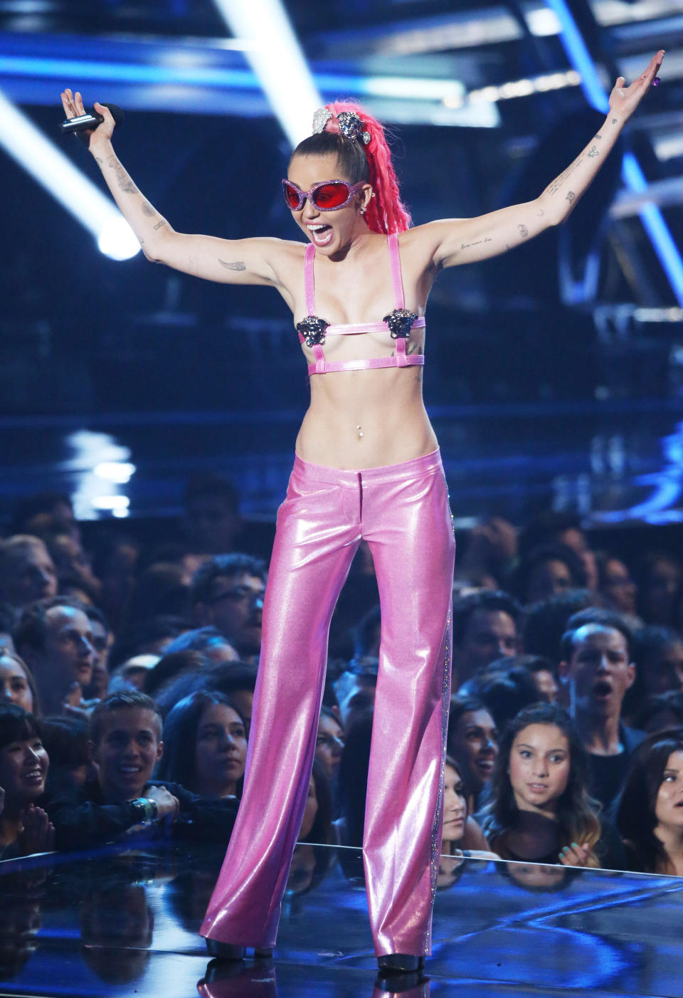 LOS ANGELES, CA - AUGUST 30:  Miley Cyrus speaks onstage during the 2015 MTV Video Music Awards held at Microsoft Theater on August 30, 2015 in Los Angeles, California.  (Photo by Michael Tran/FilmMagic)