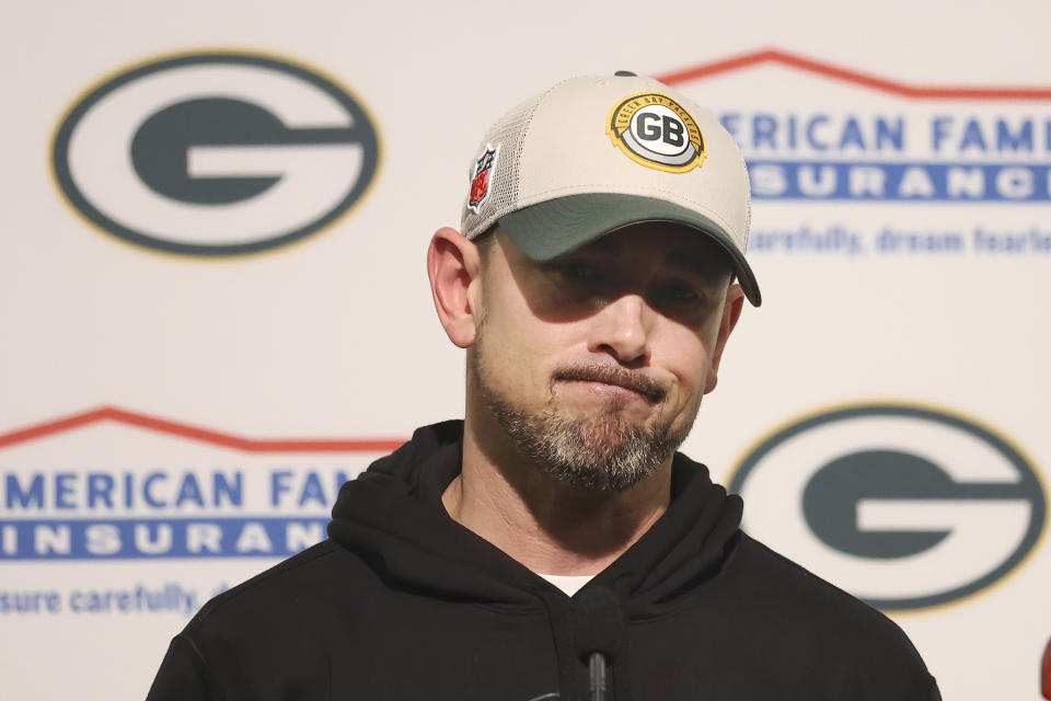 Green Bay Packers head coach Matt LaFleur speaks at a news conference after an NFL football NFC divisional playoff game against the San Francisco 49ers Saturday, Jan. 20, 2024, in Santa Clara, Calif. (AP Photo/Jed Jacobsohn)