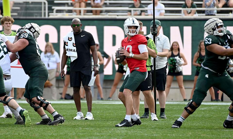 Apr 15, 2023; East Lansing, MI, USA;  Michigan State Spartans head coach Mel Tucker watches quarterback Payton Thorne (10) and his offensive line at Spartan Stadium.