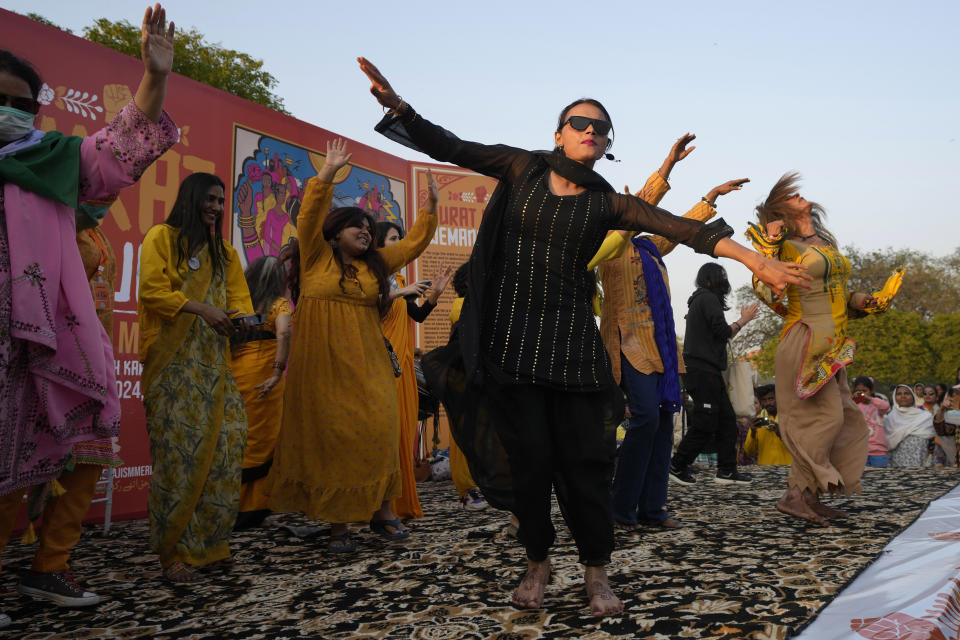 Activists from a socialist-feminist organization perform during a rally to mark International Women's Day, in Karachi, Pakistan, Friday, March 8, 2024. The day officially recognized by the United Nations in 1977, is celebrated around the world on March 8. (AP Photo/Fareed Khan)