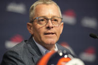 Denver Broncos chief executive officer Greg Penner responds to a question during a news conference about the firing of head coach Nathaniel Hackett Tuesday, Dec. 27, 2022, in Englewood, Colo. (AP Photo/David Zalubowski)