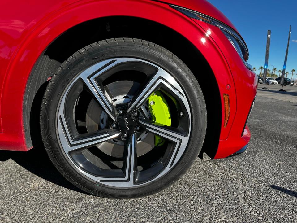 The 2023 Kia EV6 GT's signature neon lime brake calipers.