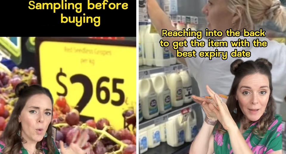 Stills from TikTok video in which British expat lists feral Aussie supermarket shopper behaviours