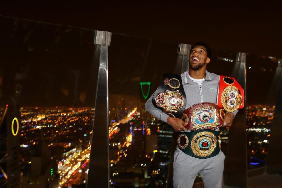 Two-time Heavyweight Champion of the World, Anthony Joshua, poses for pictures overlooking Riyadh Photo: Richard Heathcote/Getty Images